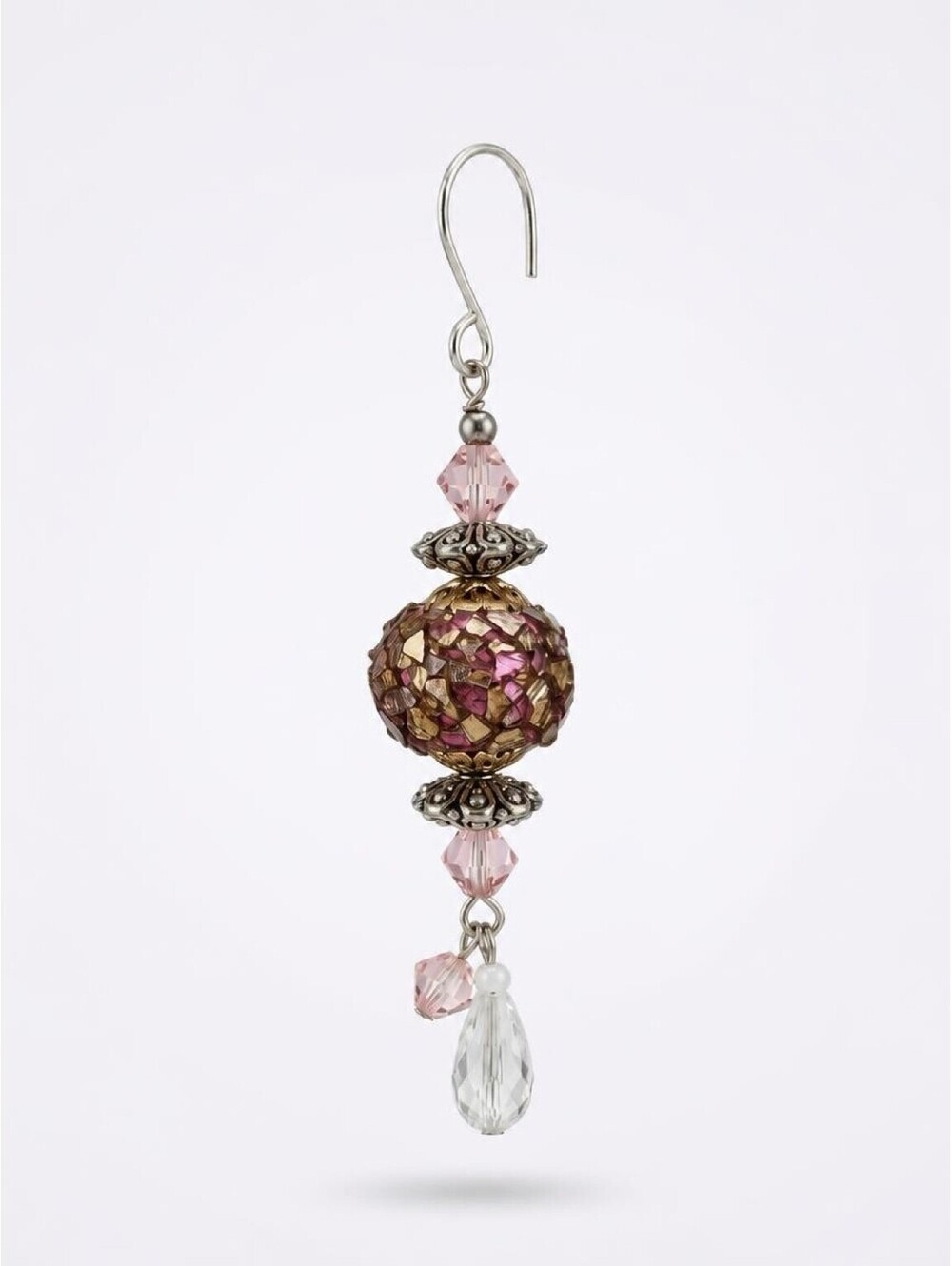 Pink Mosaic Beaded Hanging Ornament Suncatcher Crystal Teardrop Silver Tone 4"